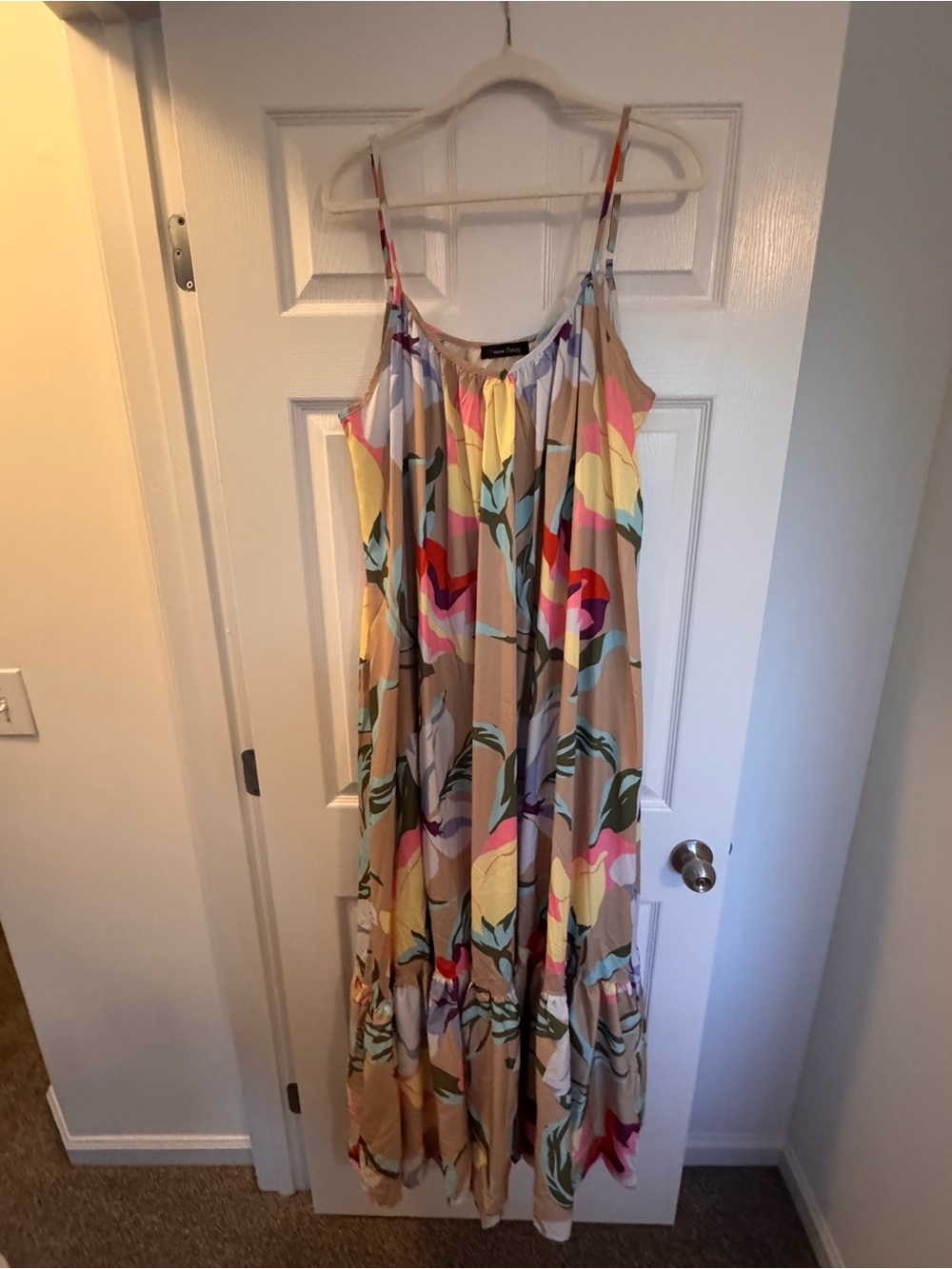 Beige Floral Print Spaghetti-Strap Maxi Dress